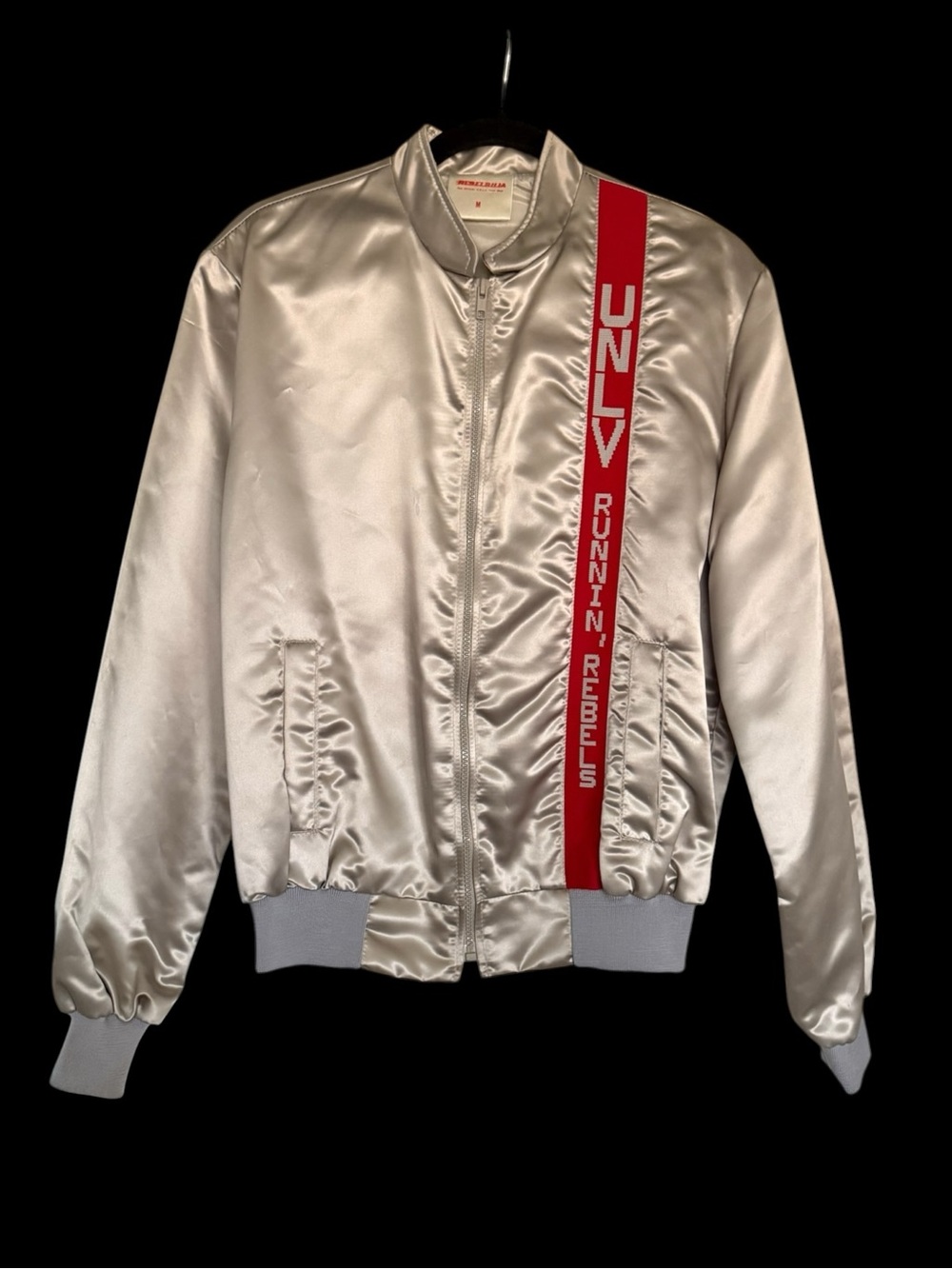 VTG Rebelbilia UNLV Runnin’ Rebels Silver Satin Bomber Jacket Full Zip Medium